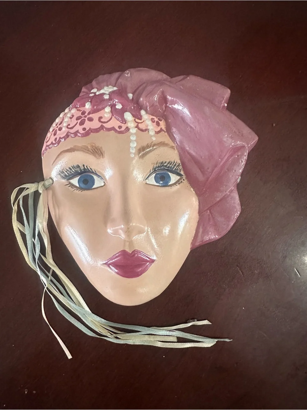 Vintage ceramic glamor girl with hat mask wall hanging 1980s art deco